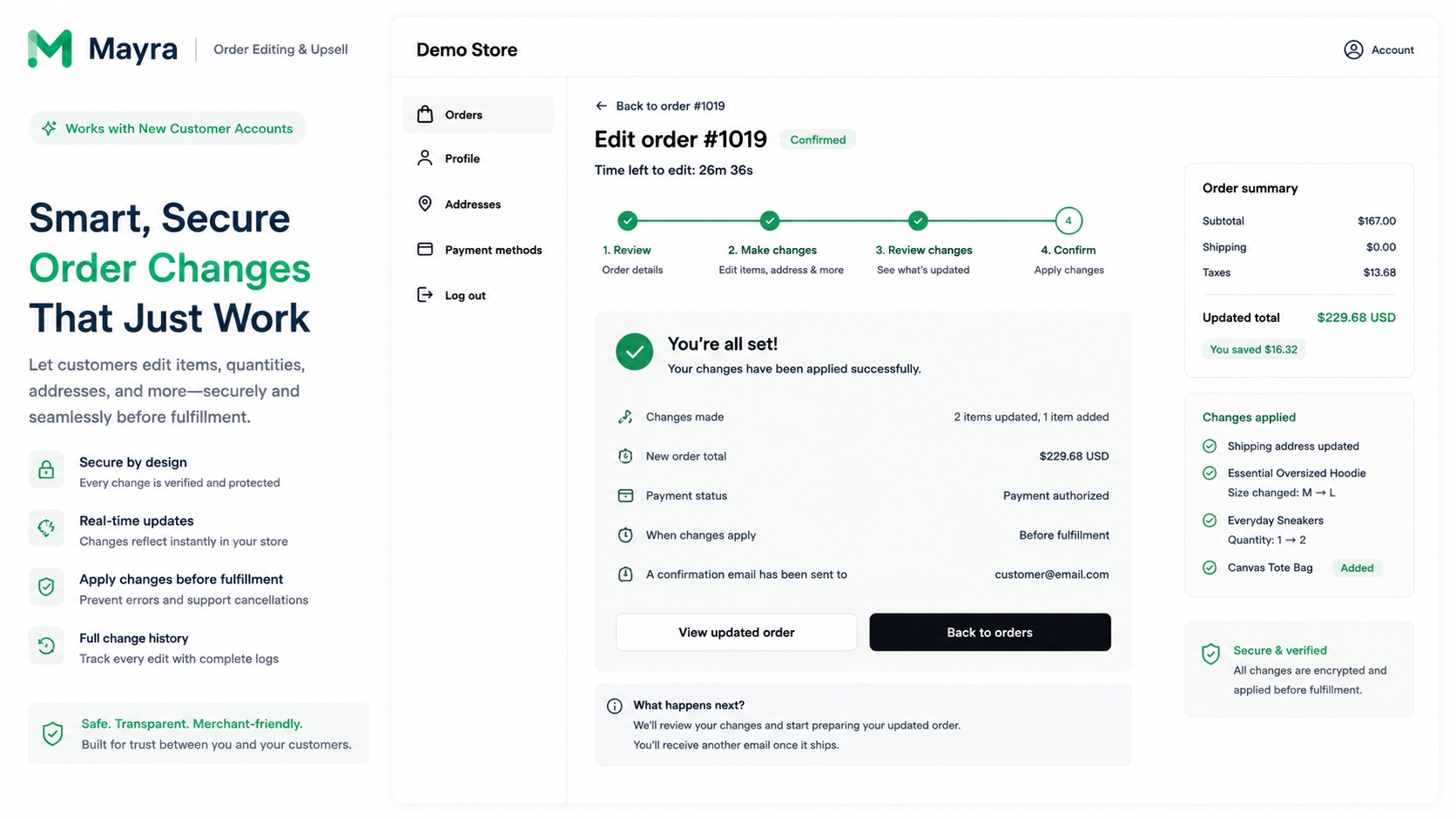 A confirmation screen showing the order changes Mayra applied before fulfillment