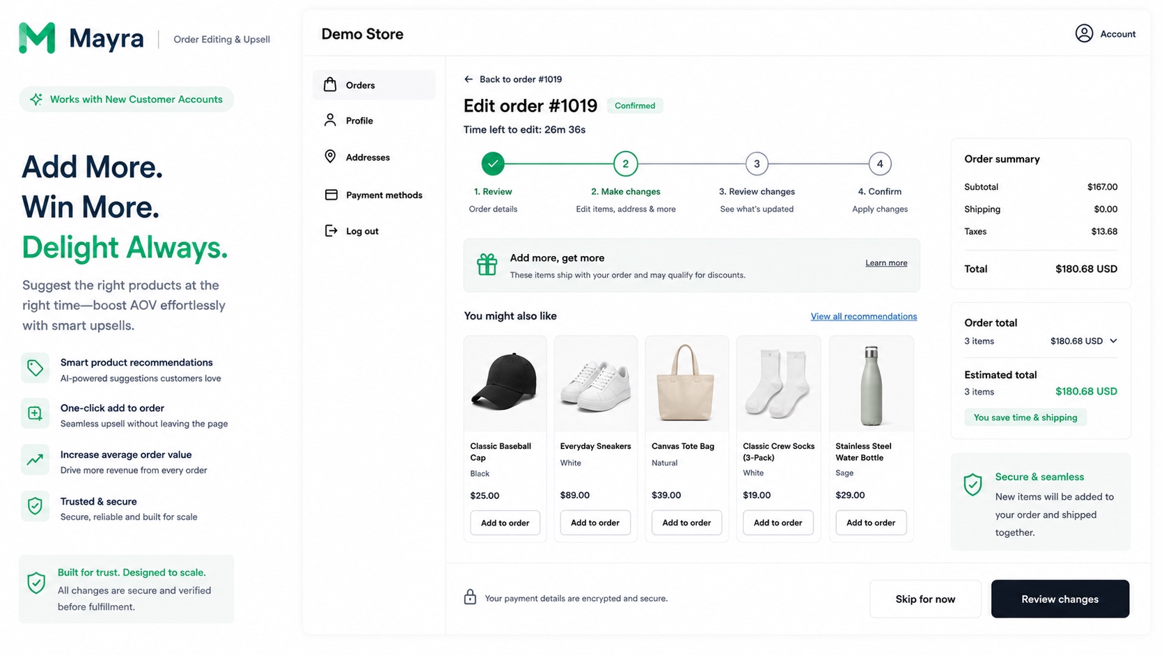 Post-purchase product recommendations a customer can add to their order in one click
